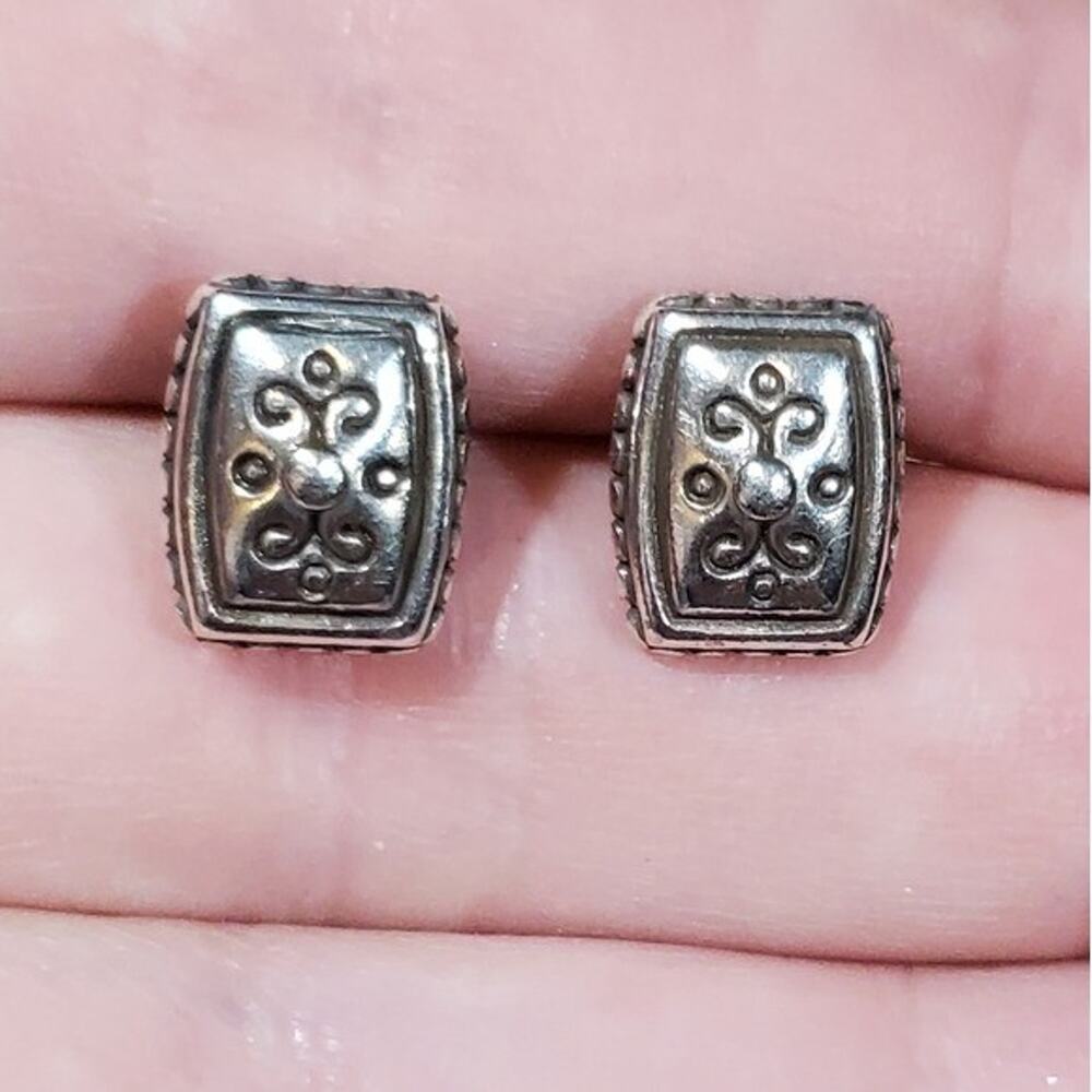 Brighton Ornate Silver Rectangular Scrollwork Stud Earrings Bali Style Oxidized
